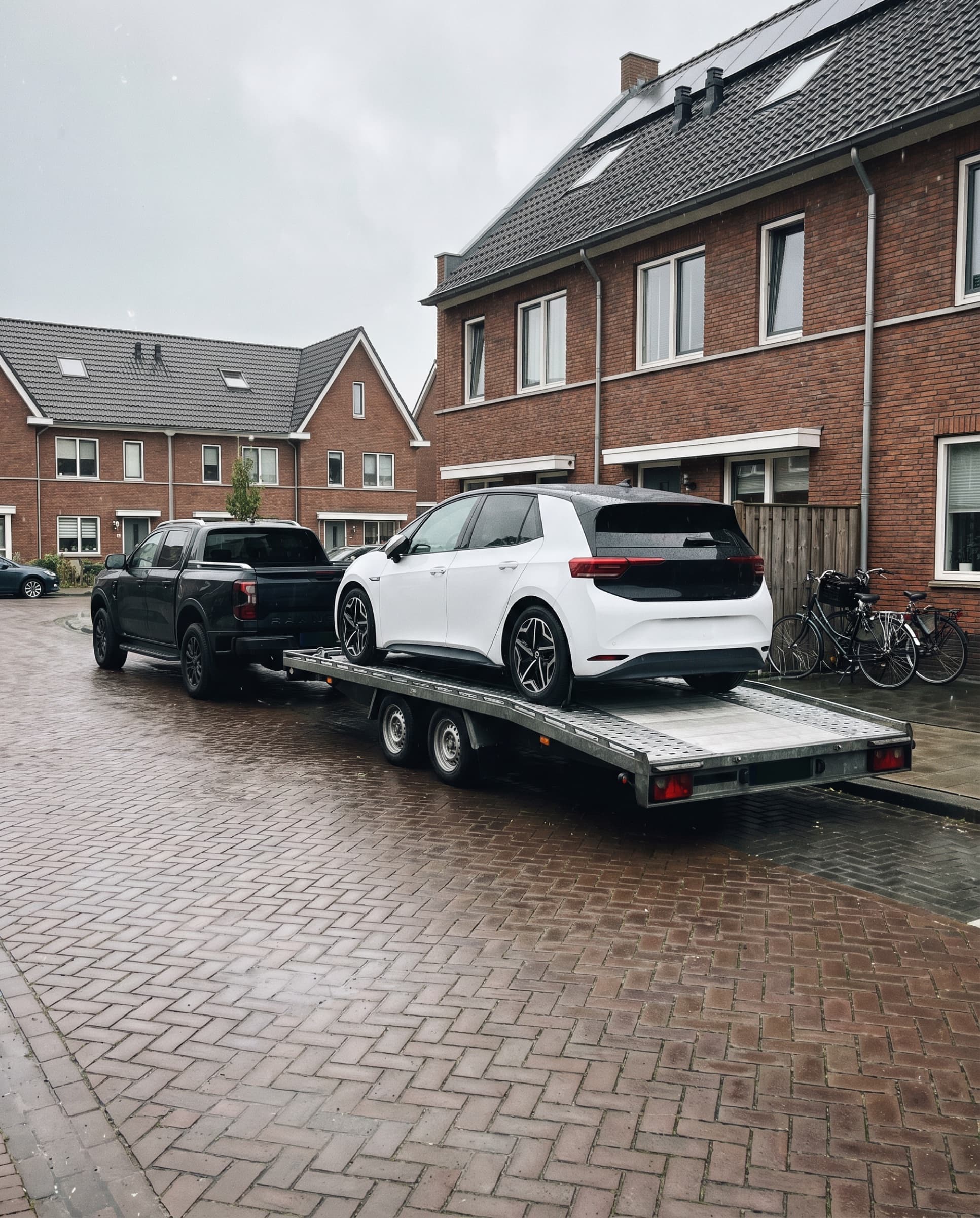 Pick-up met open Brian James-aanhanger en een witte elektrische auto in een woonwijk