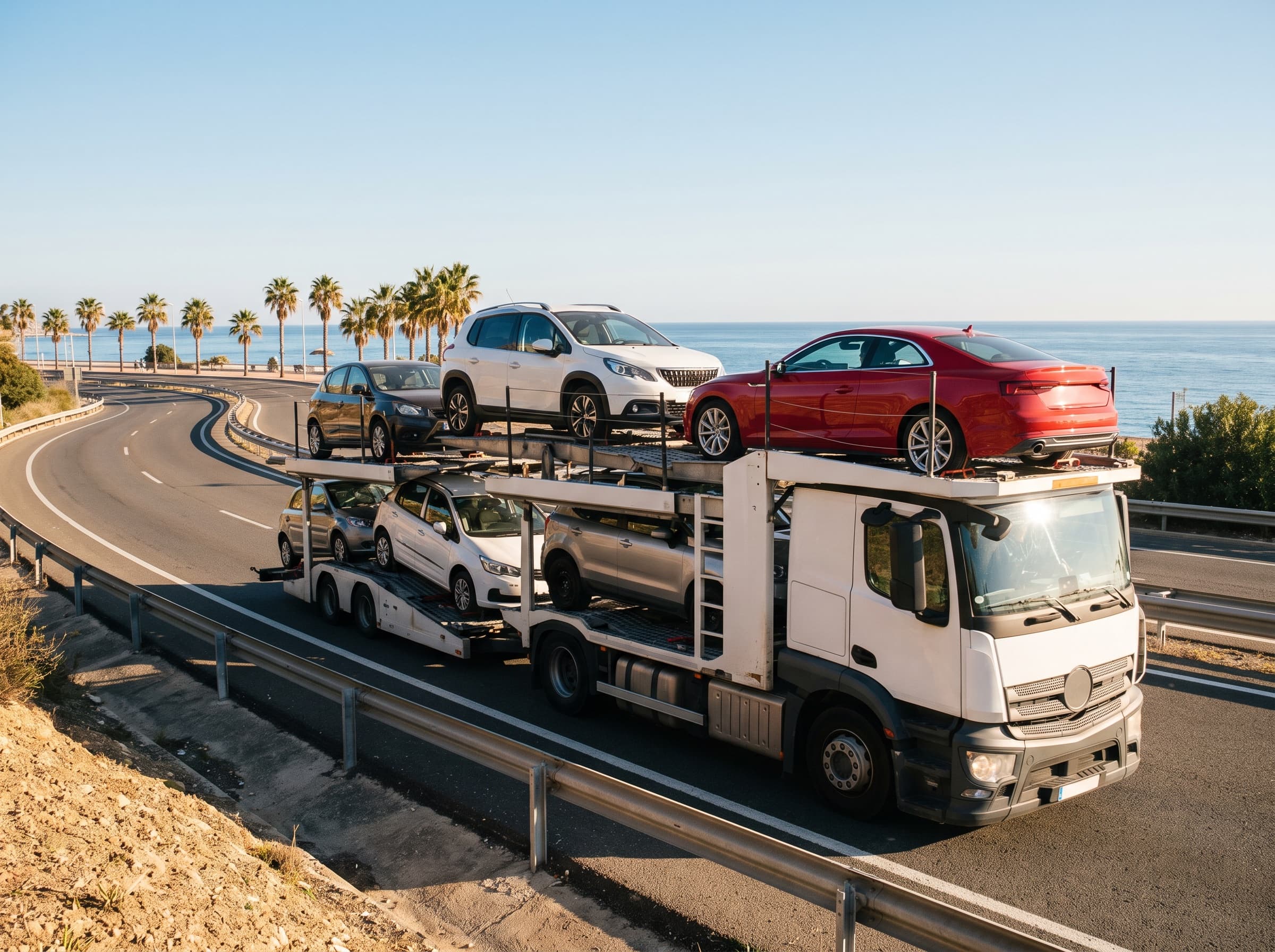 Autotransporter met meerdere auto's op de kustweg bij Málaga