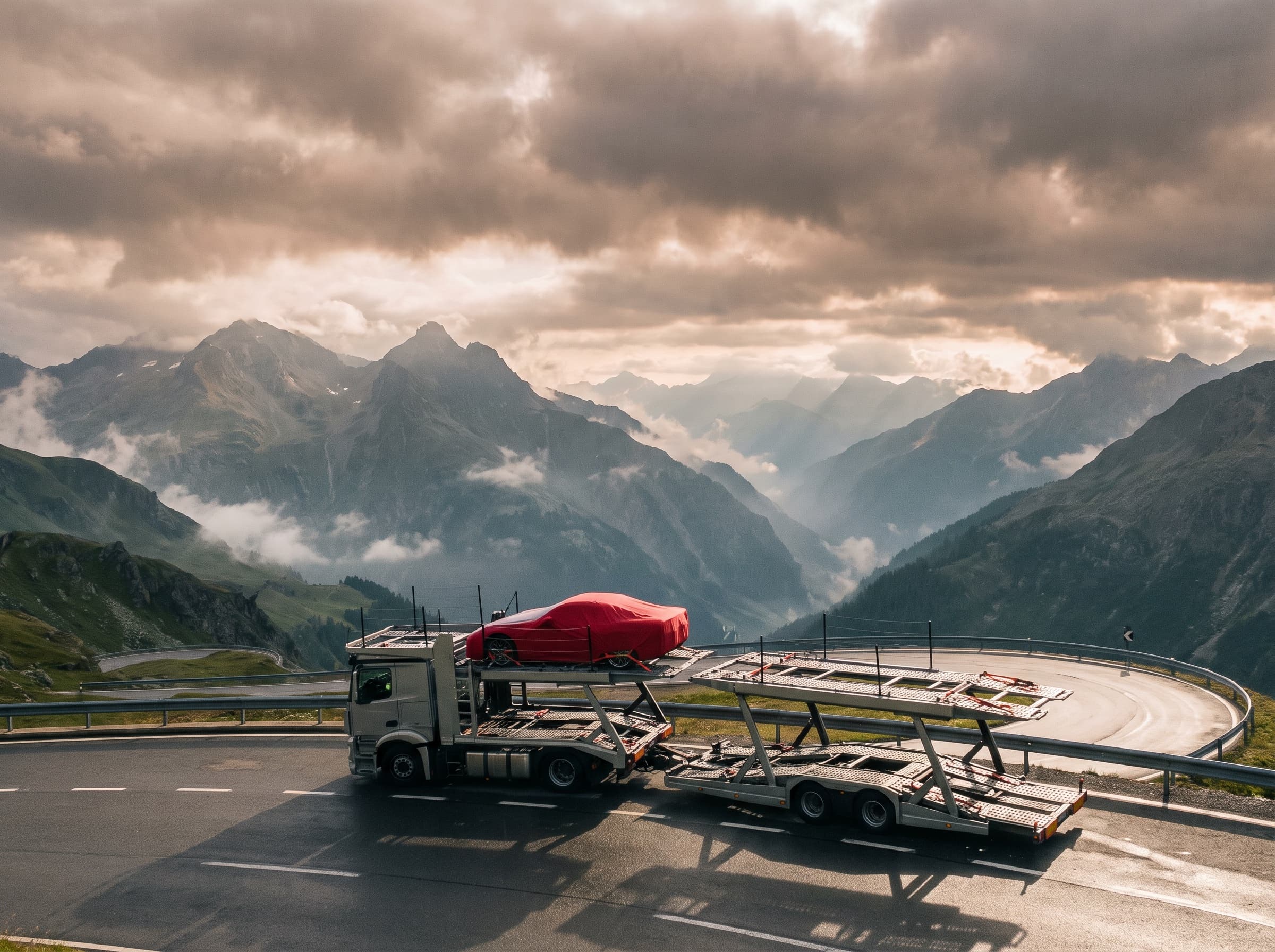 Autotransporter met sportwagen op een bergweg in de Alpen