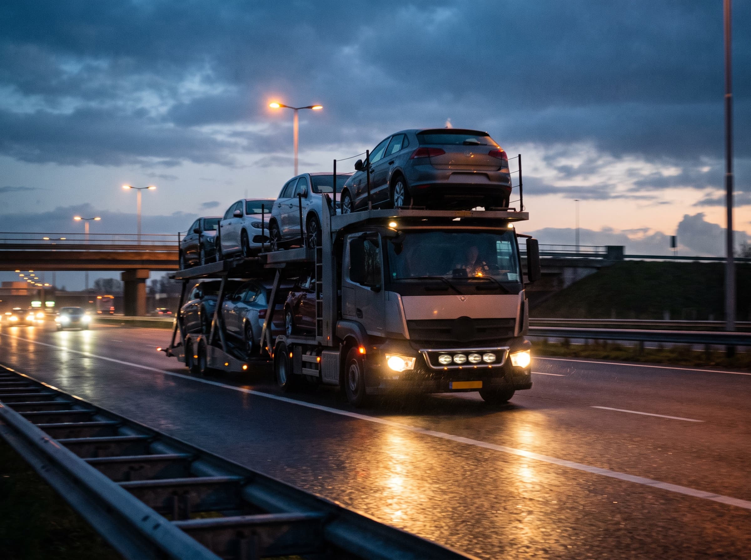 Open autotransporter met auto's op de snelweg in de schemering
