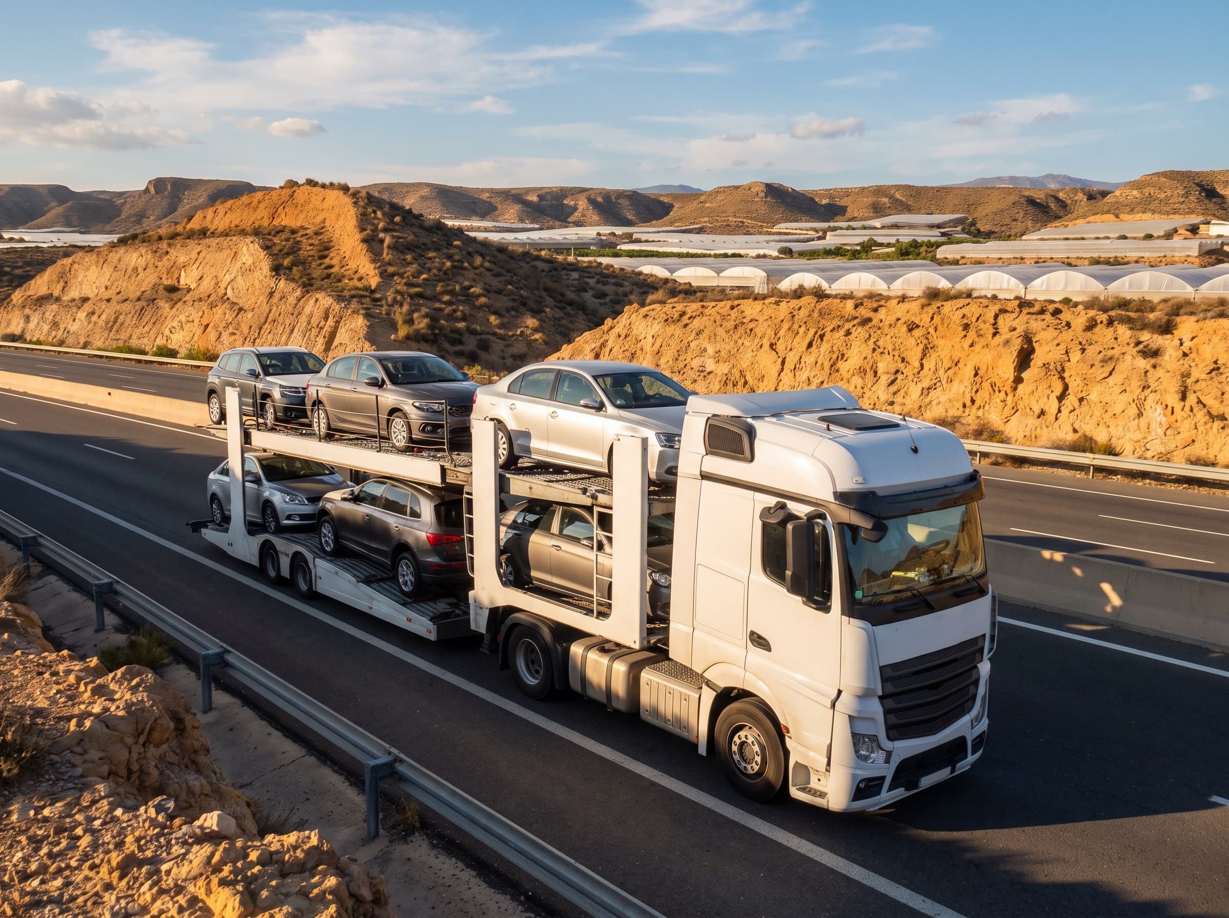 Autotransporter op de snelweg door het heuvellandschap bij Almería