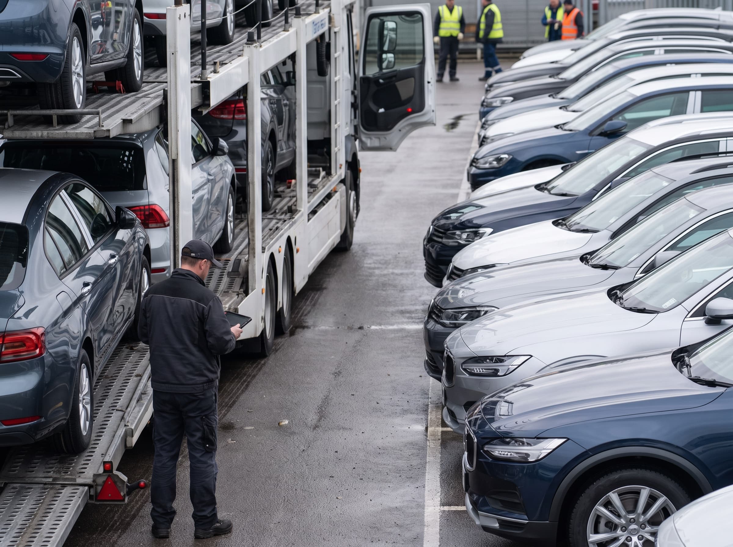 Nieuwe auto's bij een dealer klaar voor transport