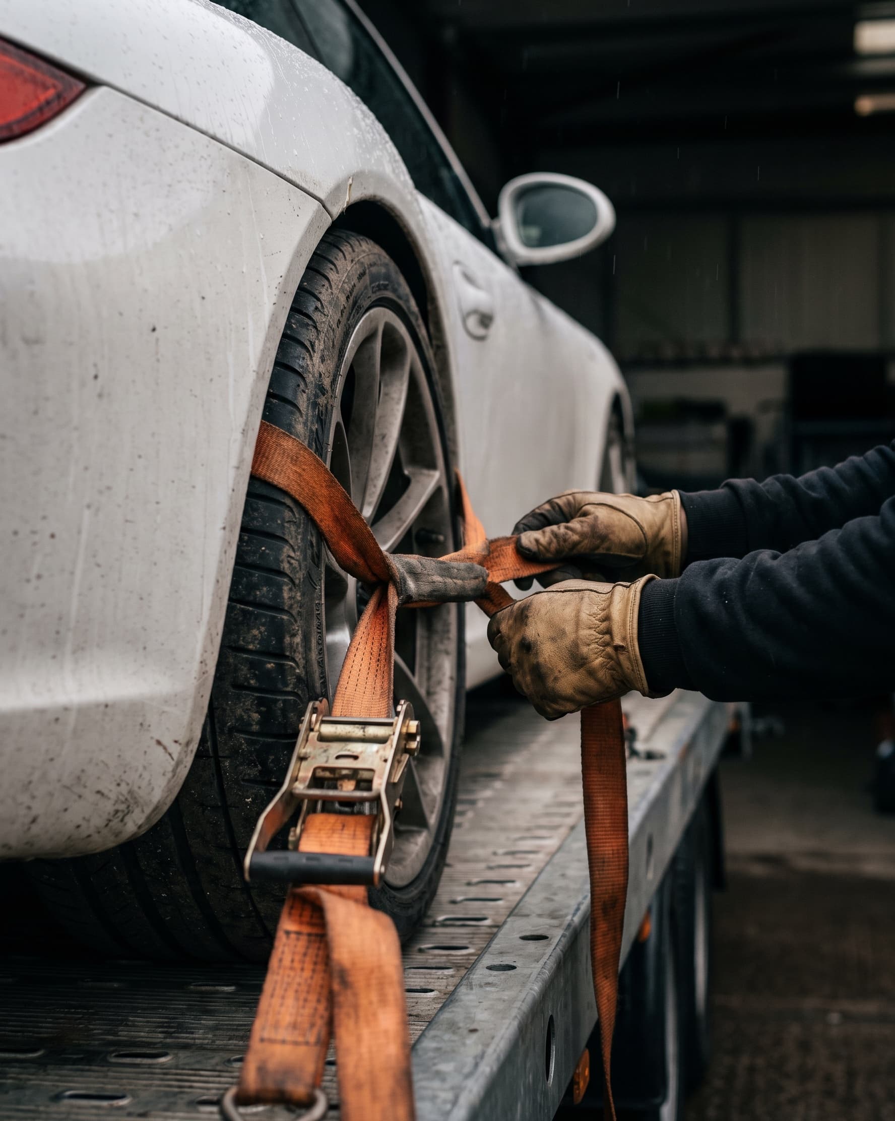 Auto wordt met een wielband vastgezet op een open transporter