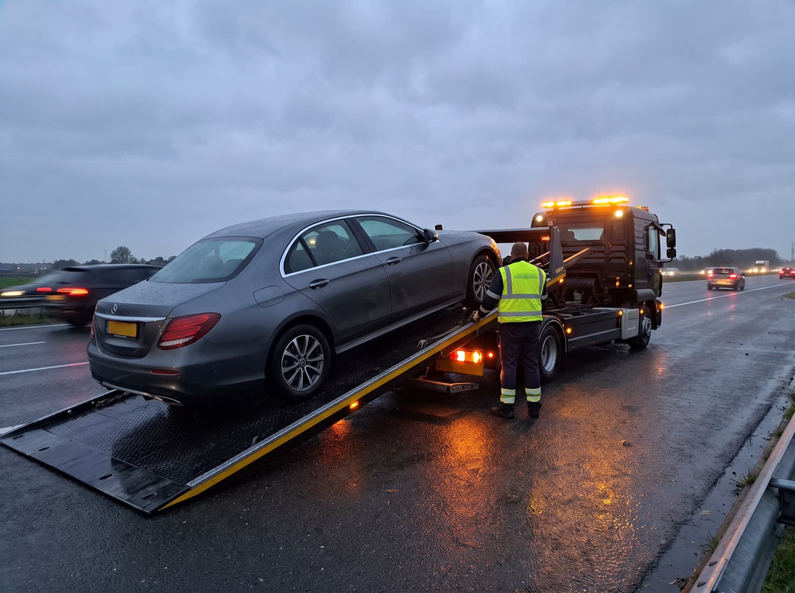 Auto met pech wordt op een oprijwagen getrokken langs de snelweg