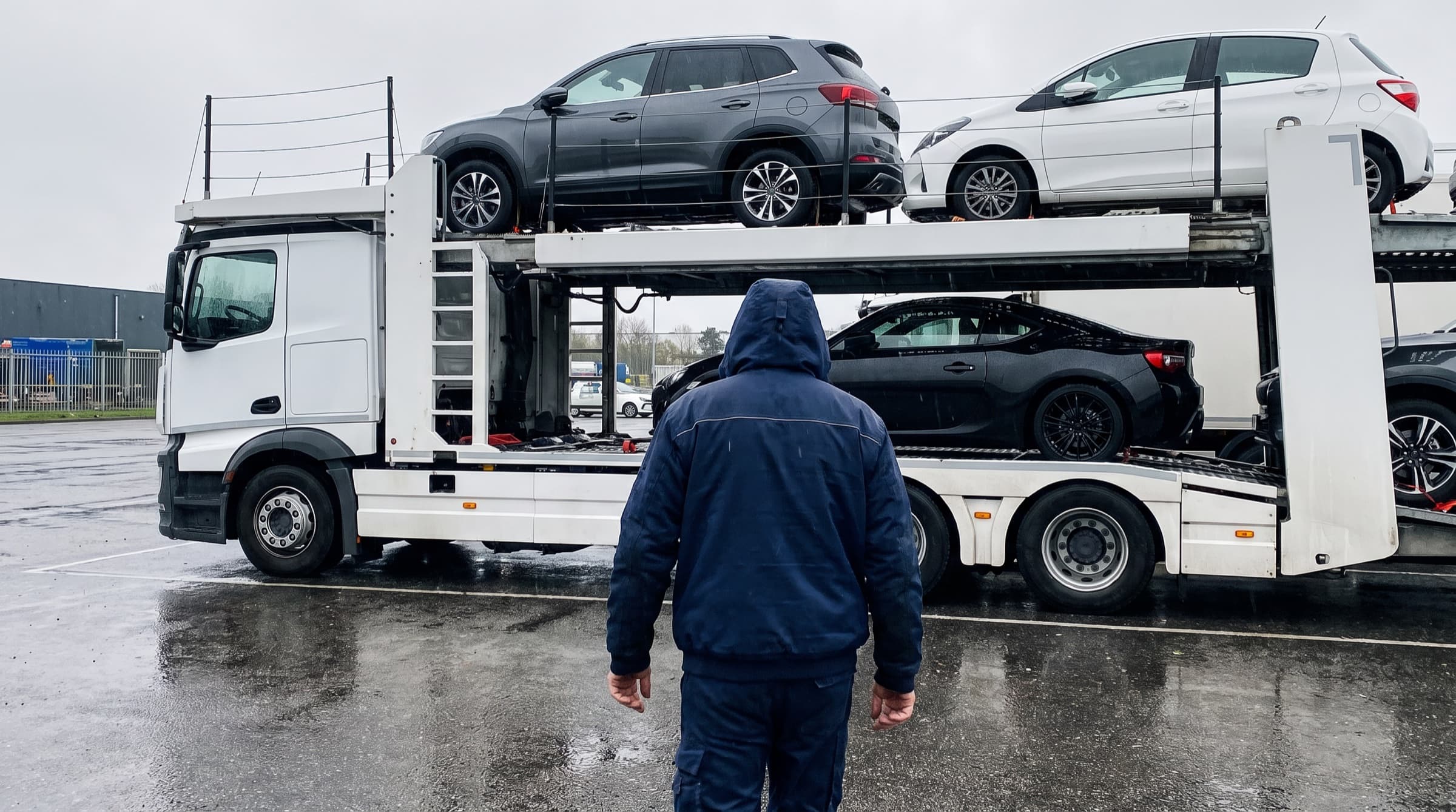 Chauffeur loopt langs een volgeladen autotransporter