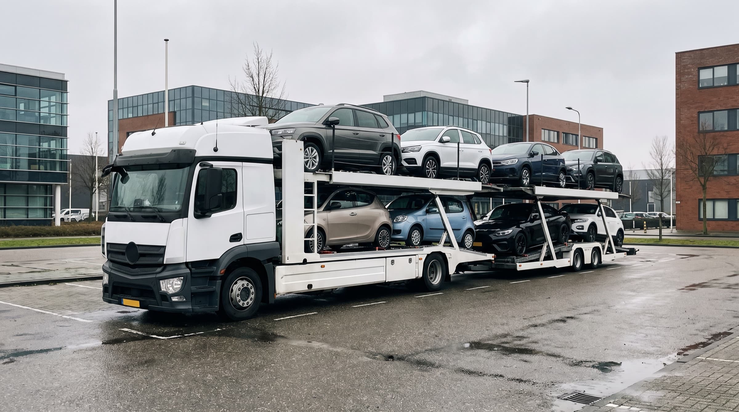 Vrachtwagen-autotransporter vol moderne auto's op een bedrijventerrein
